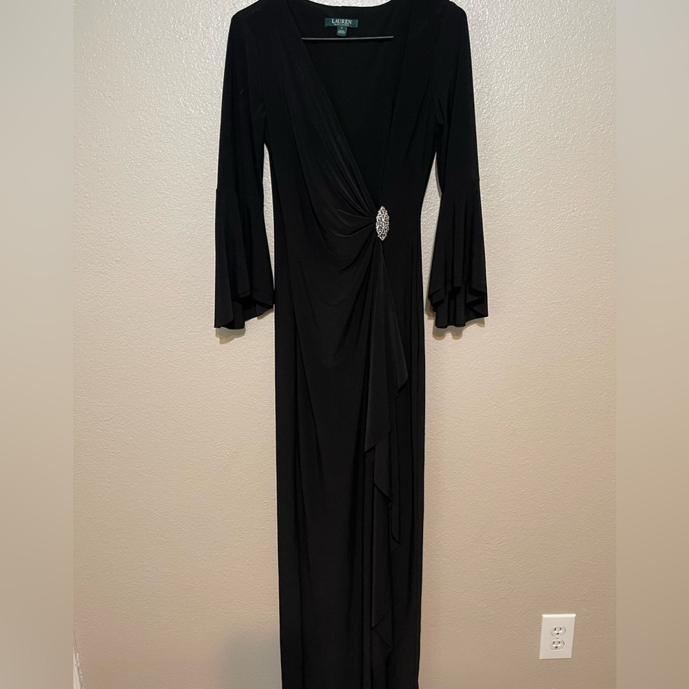 Lauren Ralph Lauren Black Long Sleeve Dress with Brooch